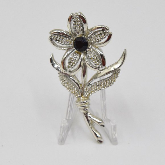 Vintage Sarah Coventry Flower Brooch w Black Rhinestone - Picture 1 of 5